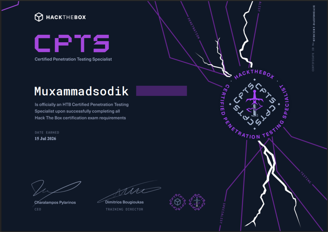 Certified Penetration Testing Specialist (CPTS) Certificate